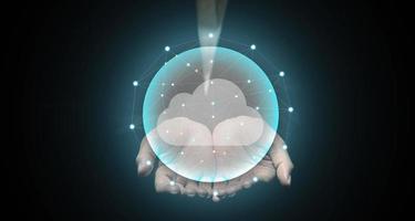 Glowing circle on human hand with connecting lines around it and cloud image inside, cloud storage service concept, data safe keeping, data connection from anywhere, Connect a variety of information. photo