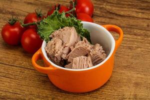 Canned tuna fillet in the bowl photo