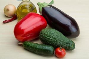 Eggplant, cucumber, avocado and red pepper photo