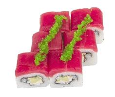 Maki Sushi - Roll made of Crab, avocado, cucumber inside. Fresh Tuna and tobico roe outside photo