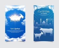 celebración eid al adha mubarak plantilla de diseño colección de historias. fondo islámico con vaca, cabra y cielo azul. vector