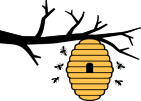 Bees and beehive on tree branch. Honey design. png