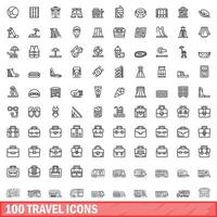 100 travel icons set, outline style vector