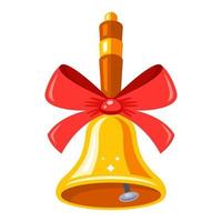 a golden school bell with a red bow rings. flat vector illustration.