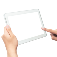 Hand holding tablet computer with screen mockup png