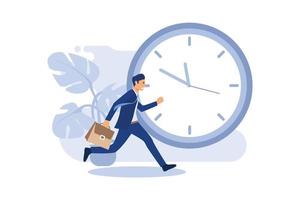 Business concept of deadline, time management, fear of being late. Businessman is chasing time. The man runs after the clock. flat vector illustration