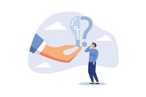 Business problem, idea, decision making and solution, job and career path concept, confusing businessman stand with question mark sign then helping hand put half of lightbulb lamp for bright solution. vector