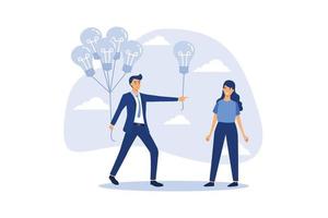 Business idea or solution offering, mentor give an advice, solution to solve business problem or help sharing creativity idea concept, smart businessman giving lightbulb idea to young employee.