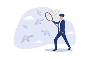 Capture new business ideas, search for innovation or creativity, brainstorm or invent new discovery project concept, smart businessman chasing and catch flying lightbulb ideas with butterfly net.
