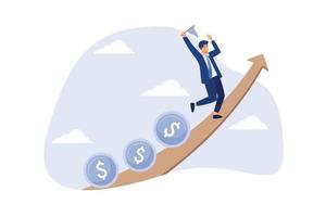 Investment profit and earning, stock market growth or fund flow depend on interest rate and inflation concept, businessman investor, fund manager holding flag lead money coins running up rising graph. vector
