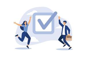 Complete task, accomplishment or project done checklist, success or achievement checkbox, job done concept, happy business people celebrate completed checkmark after finish responsible project. vector