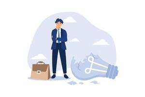 Uninspired or motivation after business failure, burnout or exhausted from crisis, no new idea or inspiration concept, depressed business man sadly standing with fail old broken lightbulb idea. vector