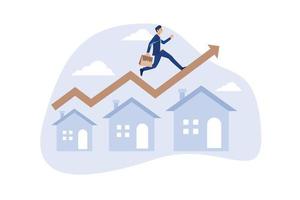 Housing price rising up, real estate or property growth concept, businessman running on rising green graph on house roof. vector