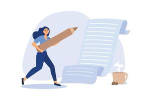 Content writer, blogger, bullet journalist or publishing editor concept, young smart woman freelance holding big pencil thinking and writing content on notepad paper with cup of coffee. vector