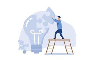 Solve business problem with creativity, finishing or complete brilliant idea, work solution or business idea concept, smart businessman assemble last piece of jigsaw to complete lightbulb idea puzzle. vector