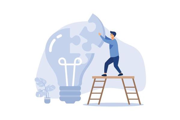 Solve business problem with creativity, finishing or complete brilliant idea, work solution or business idea concept, smart businessman assemble last piece of jigsaw to complete lightbulb idea puzzle.