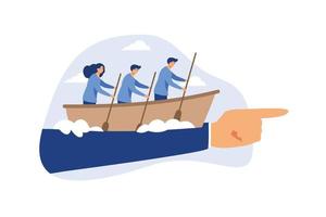 Team direction, business decision or leadership, guidance or strategy to achieve success, determination and inspiration concept, business people team members sailing ship on boss pointing direction.
