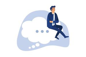 Think of solution, critical thinking to solve problem, focus on new idea, concentration or contemplation, skeptical or rational concept, thoughtful businessman sitting like thinker on thinking bubble. vector