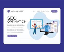 landing page website seo optimization with worker, laptop, computer images and infographics vector