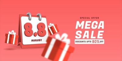 8.8 Mega Sale with 3D Calendar. August sales banner template design for social media and website. vector