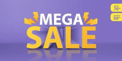 Mega Sale concept 3d  with up to 70 percent off and cash back 50 percent vector