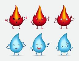 colección de icono de diseño de personajes de dibujos animados de fuego y agua. feliz, enojado y triste expresión diferente del vector de fuego y agua.