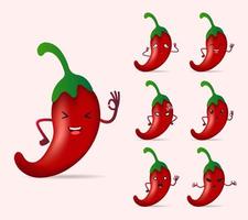 lindo icono de diseño de personajes de chile rojo con muchas expresiones diferentes. colección de icono de diseño de pimiento picante rojo vector