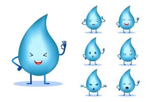 icono de diseño de personajes de gota de agua lindo y feliz con muchas expresiones diferentes. colección de icono de diseño de gota de agua realista vector