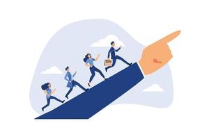 Leadership to lead team members, business direction to achieve goal or target, teamwork to success in work, businessman leader holding winner flag running lead business people on pointing finger. vector