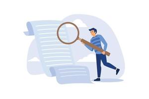 Document checking, agreement or contract validation, financial or budget analysis, search for document files concept, businessman manager holding big magnifying glass checking document paper. vector