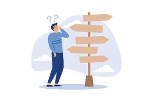 Business decision making, career path, work direction or choose the right way to success concept, confusing businessman looking at multiple road sign with question mark and thinking which way to go. vector