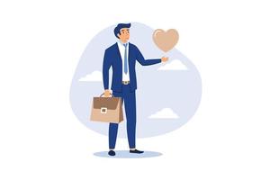 trabajar con pasión para motivar e inspirar a los empleados a lograr el éxito profesional, amar su trabajo o ser feliz y disfrutar del concepto de trabajo de sus sueños, hombre de negocios feliz con forma de corazón apasionado caminando al trabajo. vector