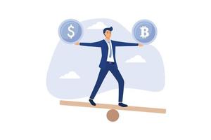 Investment portfolio with Bitcoin or crypto currency, buy or sell trading, crypto market exchange value concept, businessman investor or trader balance portfolio with dollar coin and bitcoin. vector