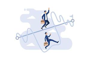 Easy or shortcut way to win business success or hard path and obstacle concept, businessmen competing with smart guy running on straight easy way and other on hard messy path. vector