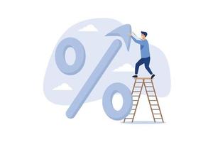 Interest rate, tax or VAT increase, loan and mortgage rate upward trend, investment profit or dividend rising up concept, businessman banker, FED or government put upward arrow on percentage symbol.