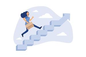 Career success for woman or female leadership, goal achievement and business challenge or gender equality concept, confidence businesswoman take small step walking up staircase with arrow pointing up. vector