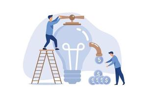 Idea to make money, earning or profit from business creativity, financial advise to gain more wealth or success rich investor concept, businessman open lightbulb idea faucet to earn money coins. vector