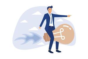 Creative new idea, innovation start up business or inspiration to achieve success goal concept, happy smart businessman leader riding flying bright lightbulb lamp with rocket booster in the cloud sky. vector