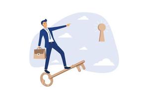 Discover key success, unlock secret creativity to achieve business target, leadership or motivation to find opportunity concept, smart businessman riding flying golden key to discover success keyhole. vector