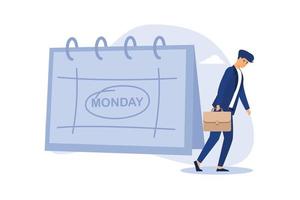 blues del lunes, cansado y miedo al trabajo de oficina de rutina, trabajador de la depresión o tristeza, somnoliento y frustrado el lunes por la mañana, empresario cansado y soñoliento que va a trabajar con el calendario que muestra el lunes. vector