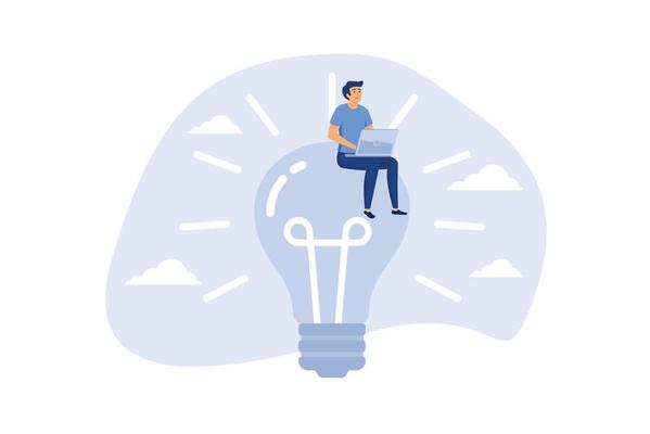 Entrepreneur solution, creative idea to solve work problem, success discover new innovation concept, smart businessman working with computer laptop on bright light bulb idea.