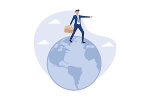 Globalization, global business vision, world economics or business opportunity concept, smart businessman standing on globe, planet earth using telescope to see vision or future opportunity. vector