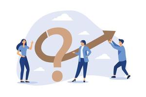 Teamwork to solve business problem, cooperation or collaboration in company to achieve business success concept, businessmen and women, colleagues help put solution arrow on question mark problem sign vector