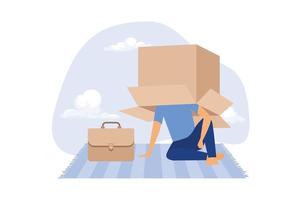 PrintBusiness failure, work mistake or misfortune and unlucky, bankruptcy or fail entrepreneur concept, depressed businessman sitting covered his head with box, shameful cannot face people or society. vector