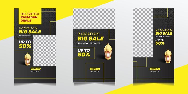 Ramadan sale stories post template banners ad. Ramadan social media post template with blank areas for images or text. Editable vector illustration.