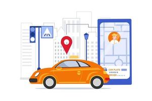 Online mobile taxi service app. Taxi in mobile and navigation or location city map vector