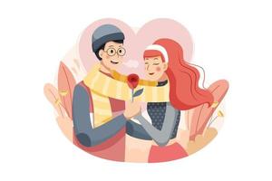 el hombre dando rosa y diciéndole amor a su novia en la ilustración del día de san valentín vector