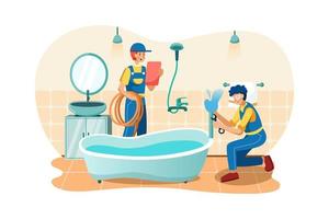 Plumbers are fixing the water pipes of the bathtub vector