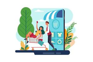 The couple goes shopping chart in a mobile online shop vector