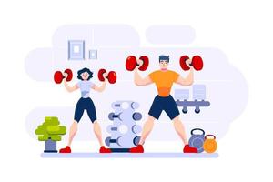 Two bodybuilders are on their weightlifting practice vector